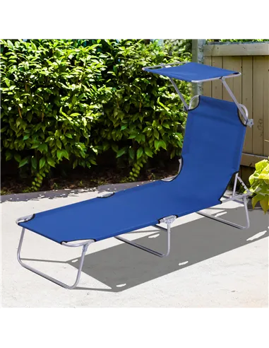 Outsunny Single Sun Lounger, with Awning and Reclining Back - Blue