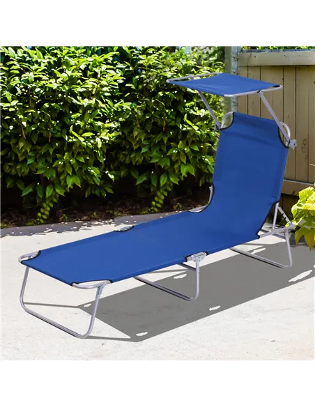Outsunny Single Sun Lounger, with Awning and Reclining Back - Blue