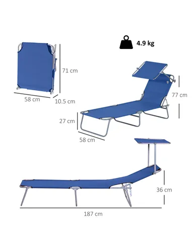 Outsunny Single Sun Lounger, with Awning and Reclining Back - Blue