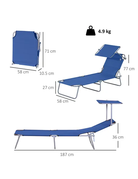 Outsunny Single Sun Lounger, with Awning and Reclining Back - Blue