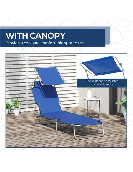 Outsunny Single Sun Lounger, with Awning and Reclining Back - Blue