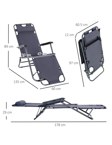 Outsunny 2 in 1 Folding Sun Lounger Reclining Garden Chair with 2-Level Adjustable Backrest, Outdoor Zero Gravity Recliner Garde