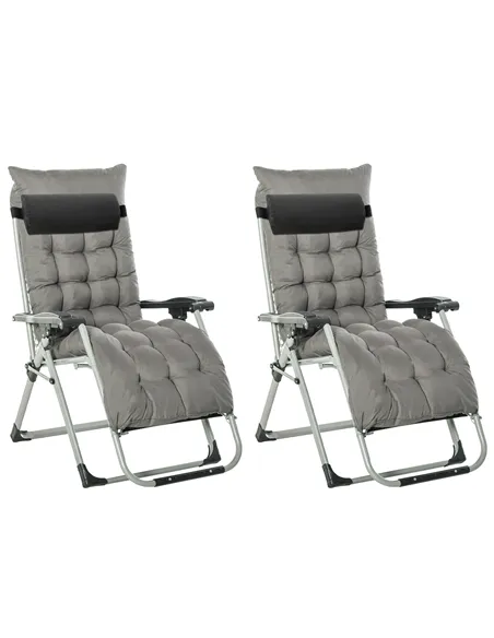 Outsunny 2pc Reclining Zero Gravity Sun Loungers ,Folding Chaise Lounge Chair with Cushions, Dark Grey