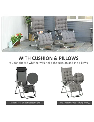 Outsunny 2pc Reclining Zero Gravity Sun Loungers ,Folding Chaise Lounge Chair with Cushions, Dark Grey
