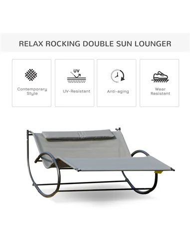 Outsunny Double Sun Lounger, Rocking Lounger Sunbed Daybed with Armrest and Headrest Pillow, for Two, For Outdoor Patio Garden, 
