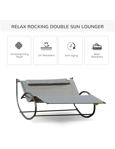 Outsunny Double Sun Lounger, Rocking Lounger Sunbed Daybed with Armrest and Headrest Pillow, for Two, For Outdoor Patio Garden, 
