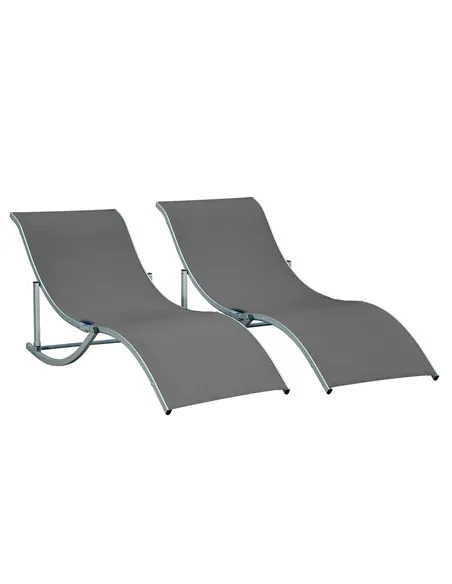 Outsunny Set of 2 S-shaped Foldable Lounge Chair Sun Lounger Reclining Outdoor Chair for Patio Beach Garden, Grey
