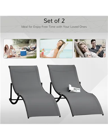 Outsunny Set of 2 S-shaped Foldable Lounge Chair Sun Lounger Reclining Outdoor Chair for Patio Beach Garden, Grey