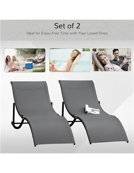 Outsunny Set of 2 S-shaped Foldable Lounge Chair Sun Lounger Reclining Outdoor Chair for Patio Beach Garden, Grey