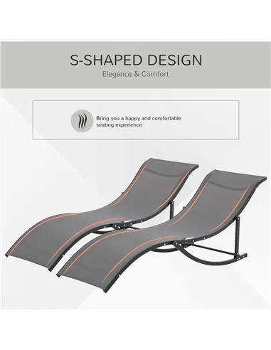 Outsunny Set of 2 S-shaped Foldable Lounge Chair Sun Lounger Reclining Outdoor Chair for Patio Beach Garden, Grey