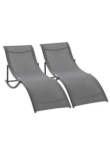 Outsunny Set of 2 S-shaped Foldable Lounge Chair Sun Lounger Reclining Outdoor Chair for Patio Beach Garden, Grey