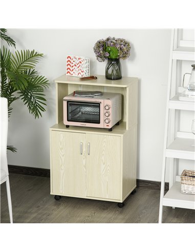 HOMCOM Kitchen Storage Unit, Modern Microwave Stand Trolley Cart, Sideboard with Cabinet,  Locking Wheels, Shelf for Living Room