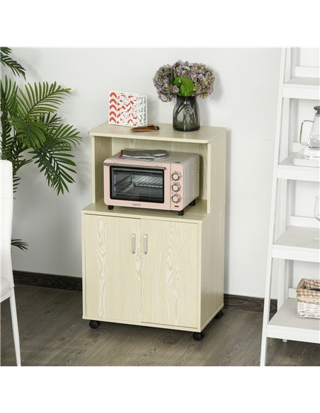 HOMCOM Kitchen Storage Unit, Modern Microwave Stand Trolley Cart, Sideboard with Cabinet,  Locking Wheels, Shelf for Living Room