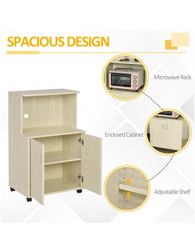 HOMCOM Kitchen Storage Unit, Modern Microwave Stand Trolley Cart, Sideboard with Cabinet,  Locking Wheels, Shelf for Living Room