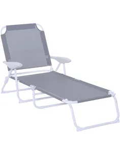 Outsunny Foldable Sun Lounger, Outdoor 4 Level Adjustable Backrest Reclining Lounge Chair with Armrests for Patio, Garden, Grey