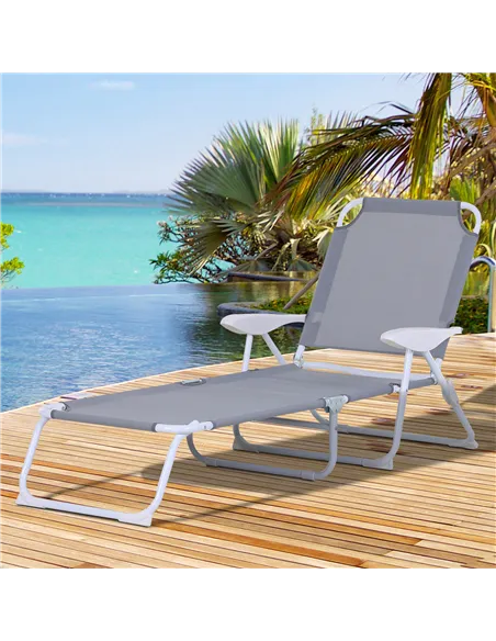 Outsunny Foldable Sun Lounger, Outdoor 4 Level Adjustable Backrest Reclining Lounge Chair with Armrests for Patio, Garden, Grey