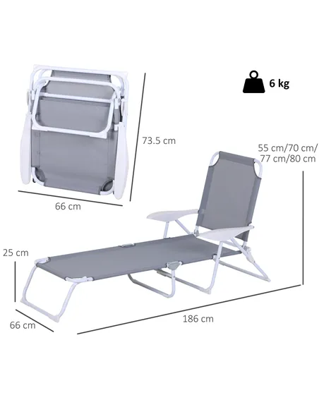 Outsunny Foldable Sun Lounger, Outdoor 4 Level Adjustable Backrest Reclining Lounge Chair with Armrests for Patio, Garden, Grey
