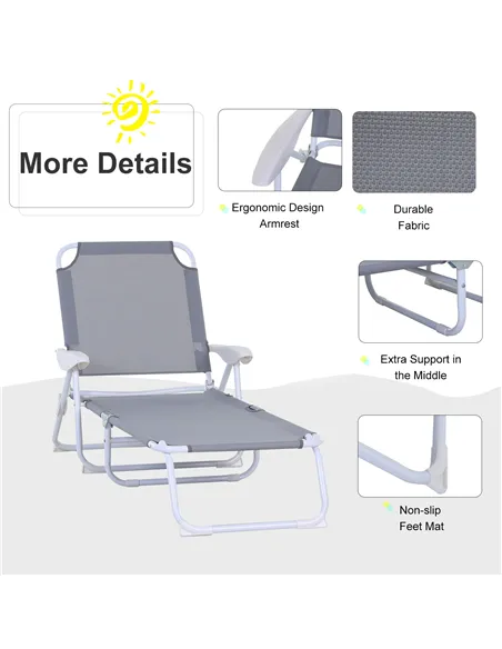 Outsunny Foldable Sun Lounger, Outdoor 4 Level Adjustable Backrest Reclining Lounge Chair with Armrests for Patio, Garden, Grey