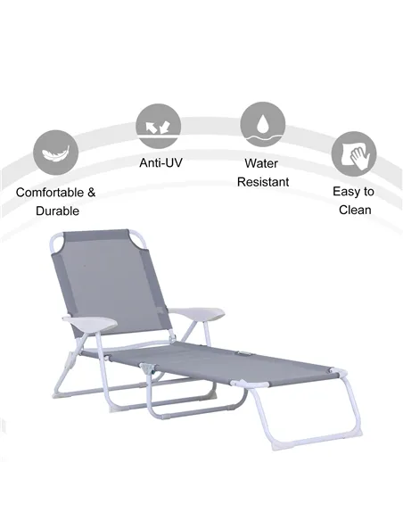 Outsunny Foldable Sun Lounger, Outdoor 4 Level Adjustable Backrest Reclining Lounge Chair with Armrests for Patio, Garden, Grey