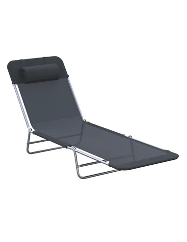 Outsunny Outdoor Foldable Sun Lounger, Adjustable Backrest Garden Recliner Sun Lounger Chair with Headrest Pillow, Black