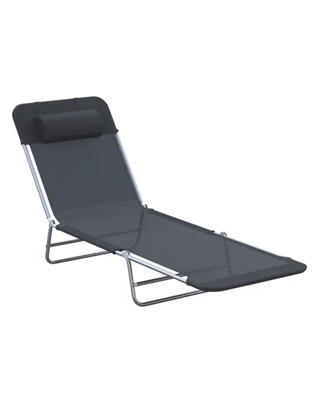 Outsunny Outdoor Foldable Sun Lounger, Adjustable Backrest Garden Recliner Sun Lounger Chair with Headrest Pillow, Black