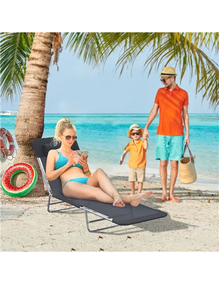 Outsunny Outdoor Foldable Sun Lounger, Adjustable Backrest Garden Recliner Sun Lounger Chair with Headrest Pillow, Black