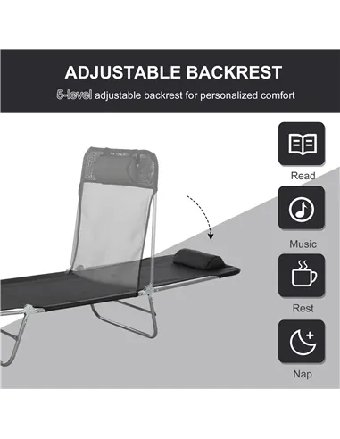 Outsunny Outdoor Foldable Sun Lounger, Adjustable Backrest Garden Recliner Sun Lounger Chair with Headrest Pillow, Black