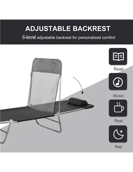 Outsunny Outdoor Foldable Sun Lounger, Adjustable Backrest Garden Recliner Sun Lounger Chair with Headrest Pillow, Black