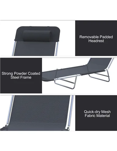 Outsunny Outdoor Foldable Sun Lounger, Adjustable Backrest Garden Recliner Sun Lounger Chair with Headrest Pillow, Black