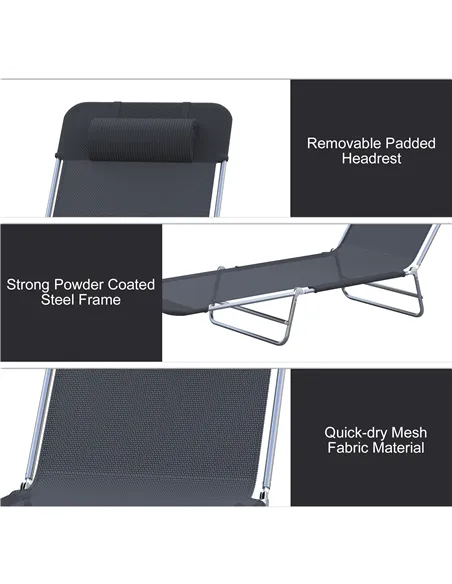 Outsunny Outdoor Foldable Sun Lounger, Adjustable Backrest Garden Recliner Sun Lounger Chair with Headrest Pillow, Black