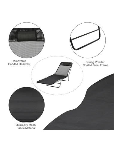 Outsunny Outdoor Foldable Sun Lounger, Adjustable Backrest Garden Recliner Sun Lounger Chair with Headrest Pillow, Black
