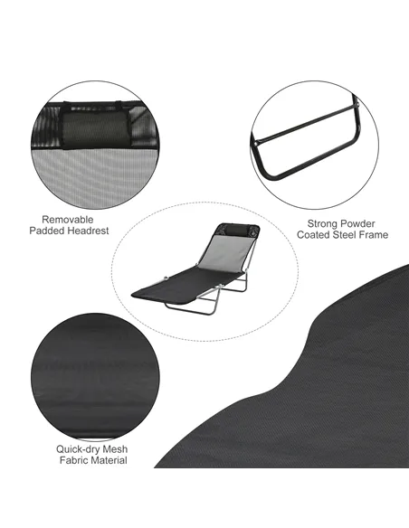 Outsunny Outdoor Foldable Sun Lounger, Adjustable Backrest Garden Recliner Sun Lounger Chair with Headrest Pillow, Black