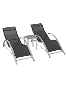 Outsunny 3 Pieces Sun Lounger Chair Set, Metal Frame Garden Outdoor Sunbathing Chair with Side Table and Armrest, Black
