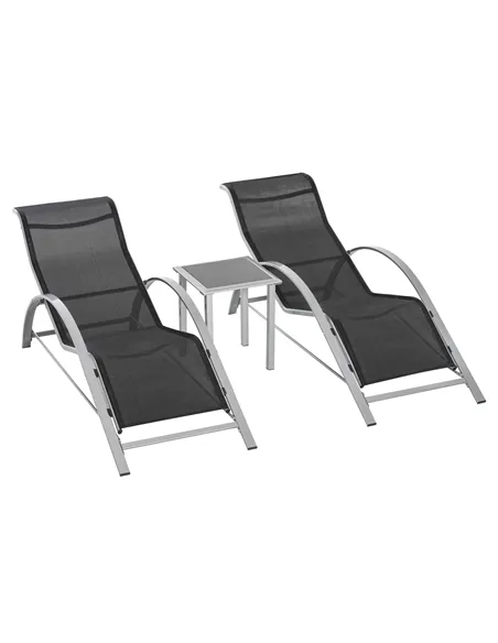 Outsunny 3 Pieces Sun Lounger Chair Set, Metal Frame Garden Outdoor Sunbathing Chair with Side Table and Armrest, Black