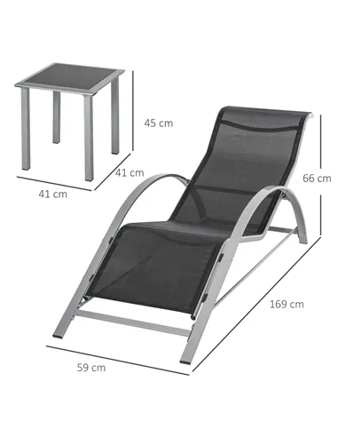 Outsunny 3 Pieces Sun Lounger Chair Set, Metal Frame Garden Outdoor Sunbathing Chair with Side Table and Armrest, Black