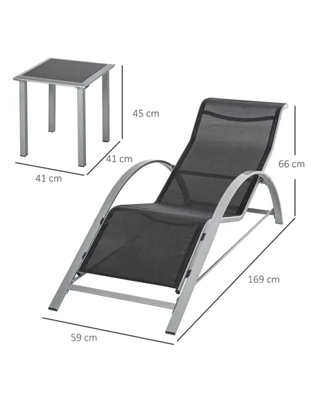 Outsunny 3 Pieces Sun Lounger Chair Set, Metal Frame Garden Outdoor Sunbathing Chair with Side Table and Armrest, Black