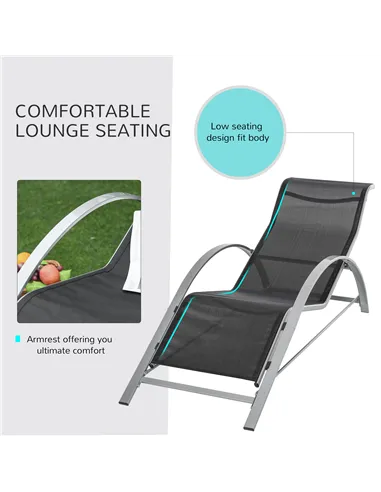 Outsunny 3 Pieces Sun Lounger Chair Set, Metal Frame Garden Outdoor Sunbathing Chair with Side Table and Armrest, Black
