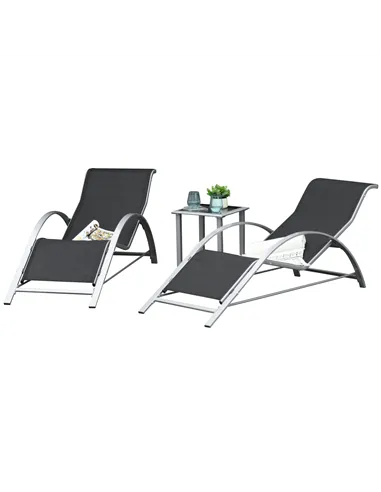 Outsunny 3 Pieces Sun Lounger Chair Set, Metal Frame Garden Outdoor Sunbathing Chair with Side Table and Armrest, Black
