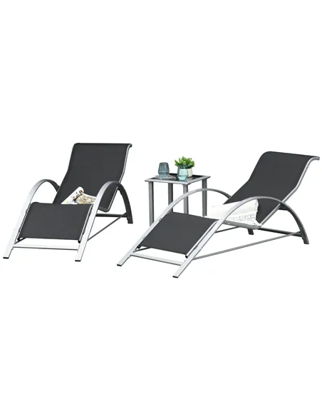 Outsunny 3 Pieces Sun Lounger Chair Set, Metal Frame Garden Outdoor Sunbathing Chair with Side Table and Armrest, Black