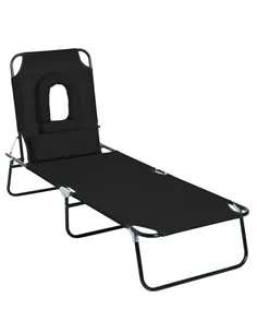 Outsunny Outdoor Folding Sun Lounger with Face Hole, 4 Level Adjustable Backrest Reclining Garden Lounger, Garden Recliner Sunbe