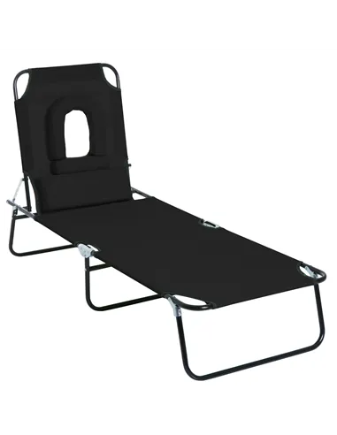 Outsunny Outdoor Folding Sun Lounger with Face Hole, 4 Level Adjustable Backrest Reclining Garden Lounger, Garden Recliner Sunbe