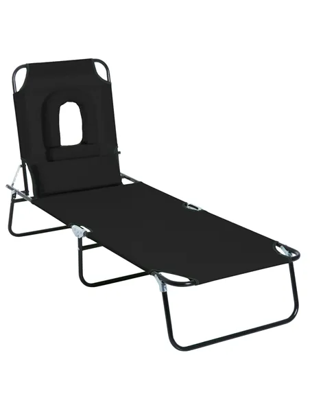 Outsunny Outdoor Folding Sun Lounger with Face Hole, 4 Level Adjustable Backrest Reclining Garden Lounger, Garden Recliner Sunbe