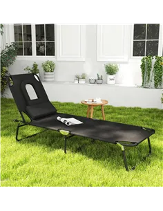 Outsunny Outdoor Folding Sun Lounger with Face Hole, 4 Level Adjustable Backrest Reclining Garden Lounger, Garden Recliner Sunbe 2