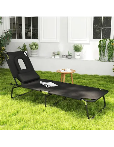 Outsunny Outdoor Folding Sun Lounger with Face Hole, 4 Level Adjustable Backrest Reclining Garden Lounger, Garden Recliner Sunbe