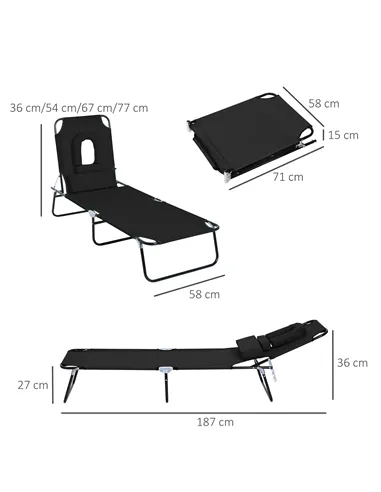 Outsunny Outdoor Folding Sun Lounger with Face Hole, 4 Level Adjustable Backrest Reclining Garden Lounger, Garden Recliner Sunbe