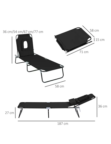 Outsunny Outdoor Folding Sun Lounger with Face Hole, 4 Level Adjustable Backrest Reclining Garden Lounger, Garden Recliner Sunbe