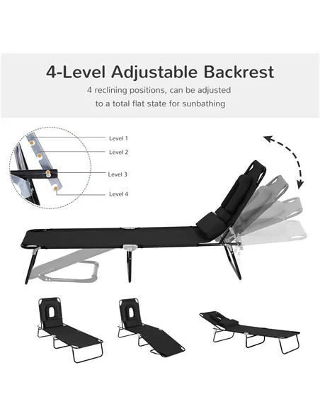Outsunny Outdoor Folding Sun Lounger with Face Hole, 4 Level Adjustable Backrest Reclining Garden Lounger, Garden Recliner Sunbe