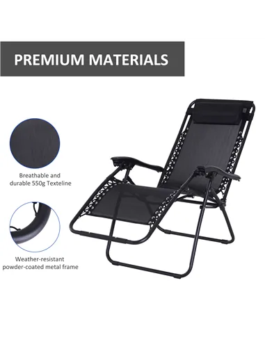 Outsunny Zero Gravity Chair Metal Frame Texteline Armchair Outdoor Folding and Reclining Sun Lounger with Head Pillow for Patio 
