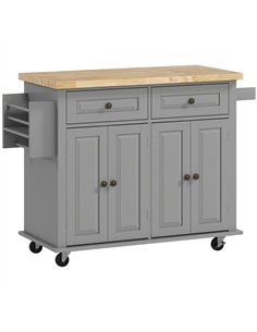 HOMCOM Rolling Kitchen Island Storage Trolley with Rubber Wood Top & Drawers for Dining Room, Grey
