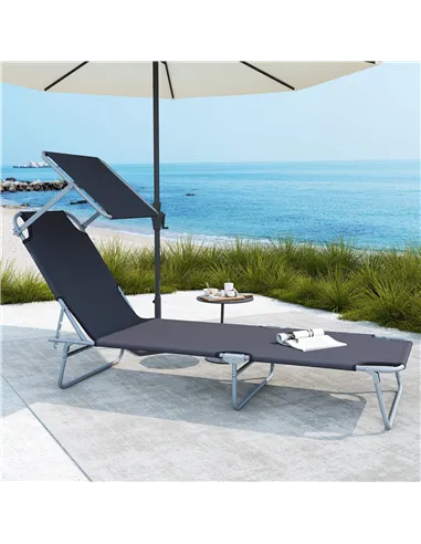 Outsunny Outdoor Foldable Sun Lounger, 4 Level Adjustable Backrest Reclining Sun Lounger Chair with Angle Adjust Sun Shade Awnin
